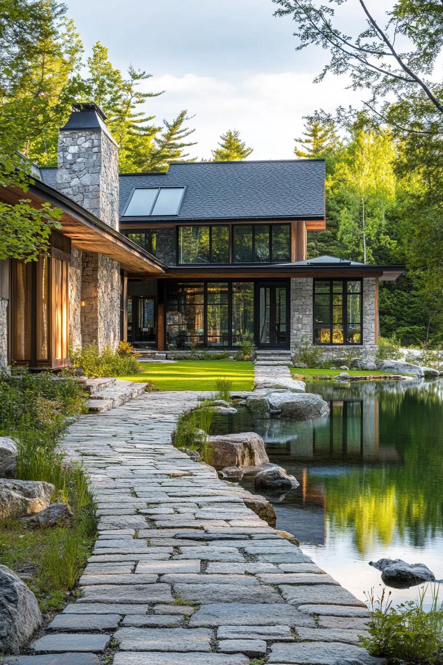 rustic modern lake house facade yard with cobblestone path leading to a large green lake 1