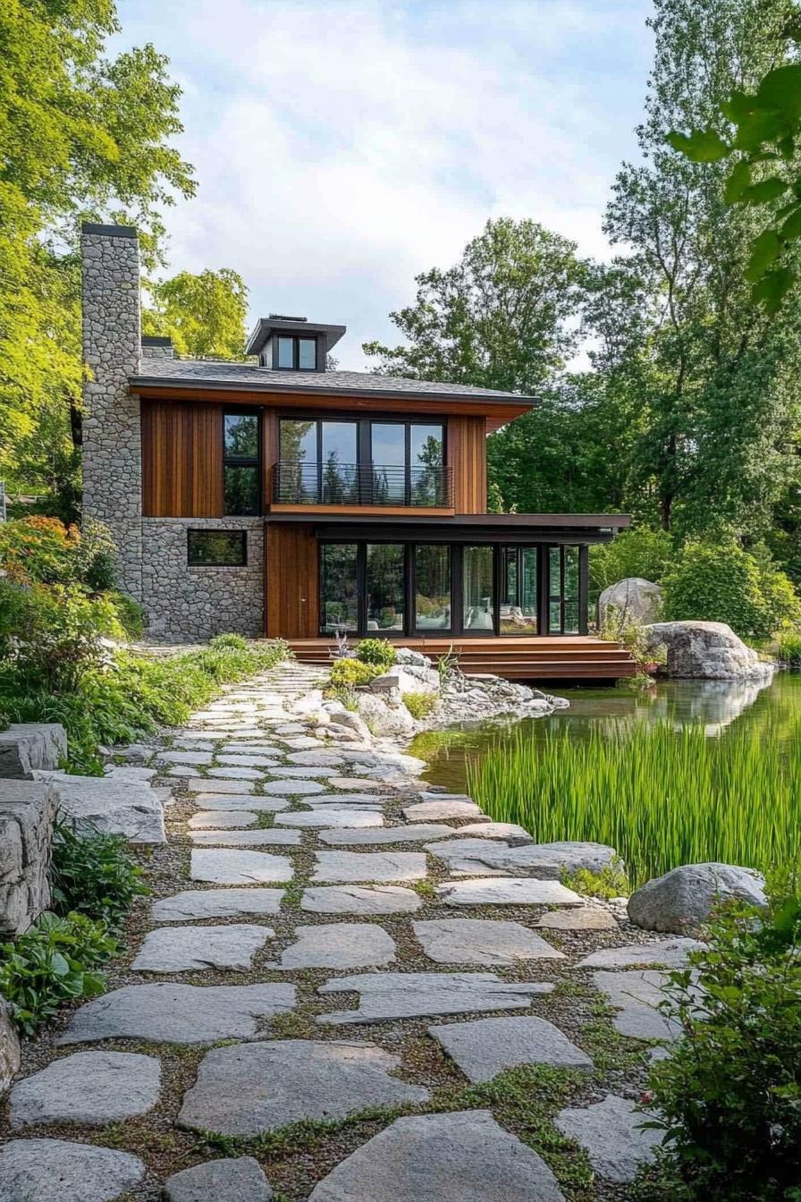 rustic modern lake house facade yard with cobblestone path leading to a large green lake 2