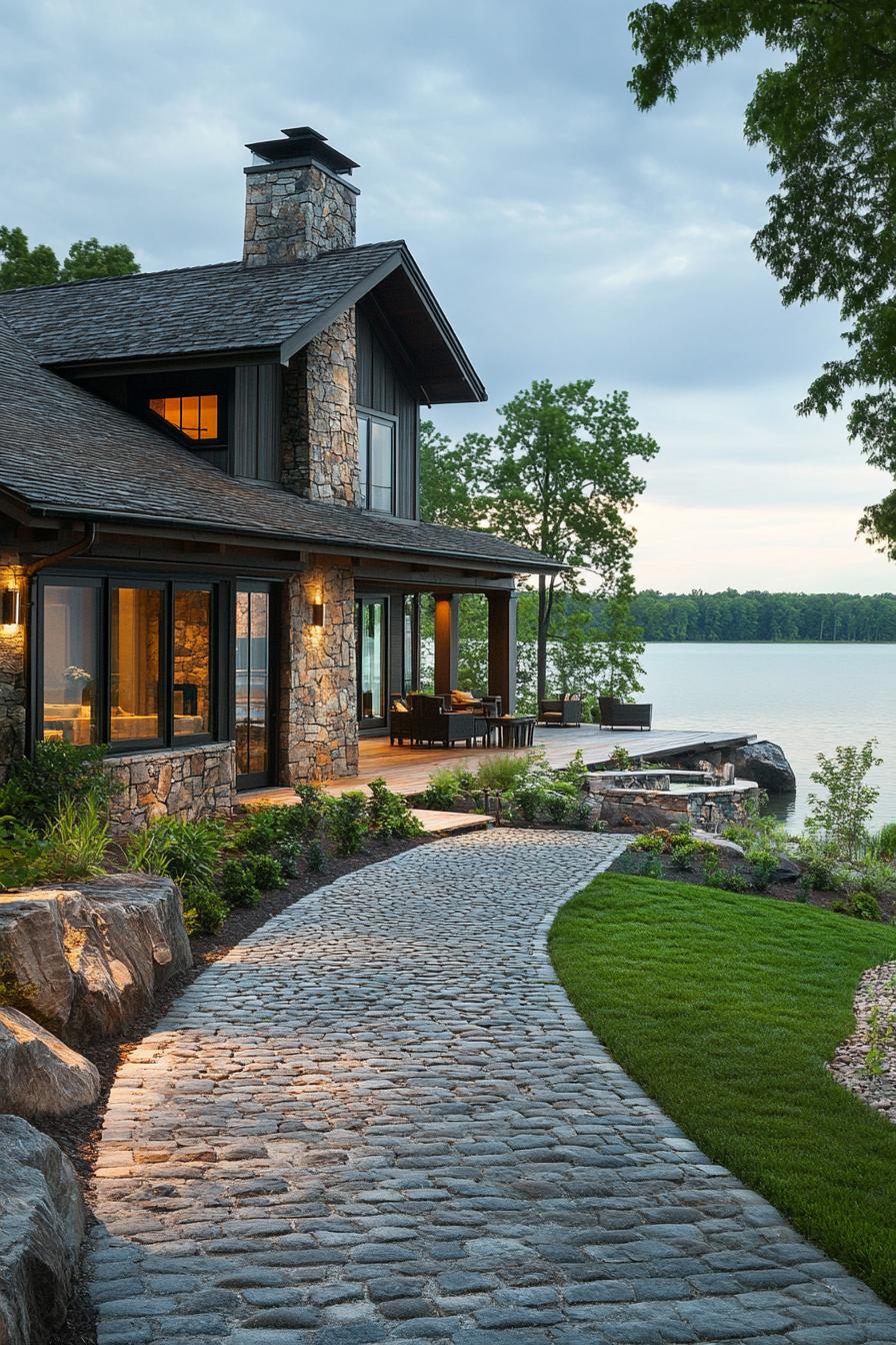 rustic modern lake house facade yard with cobblestone path leading to a large green lake 3