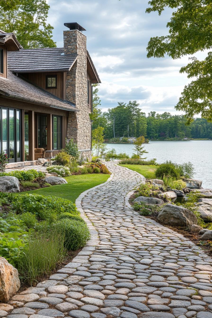 rustic modern lake house facade yard with cobblestone path leading to a large green lake