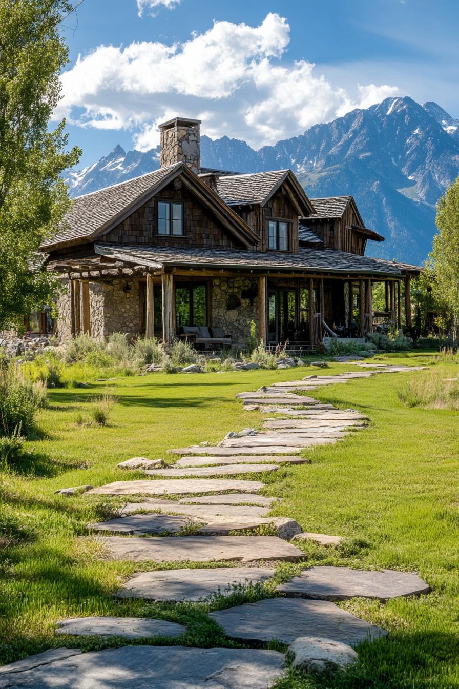 rustic two story ranch with porch stone paths grass rocky mountains in the background 1