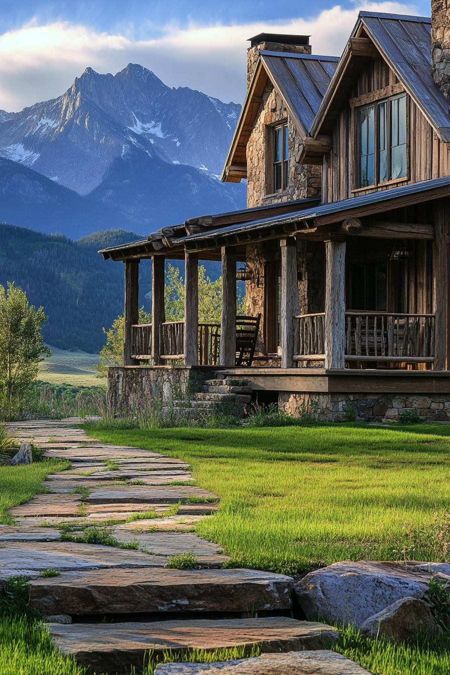 rustic two story ranch with porch stone paths grass rocky mountains in the background 2