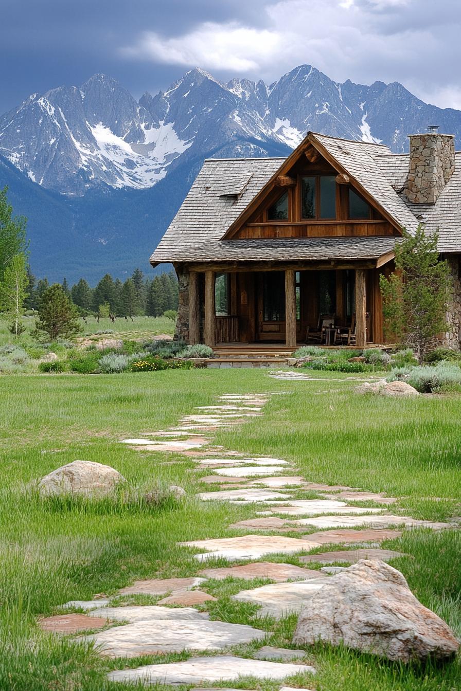 rustic two story ranch with porch stone paths grass rocky mountains in the background 3