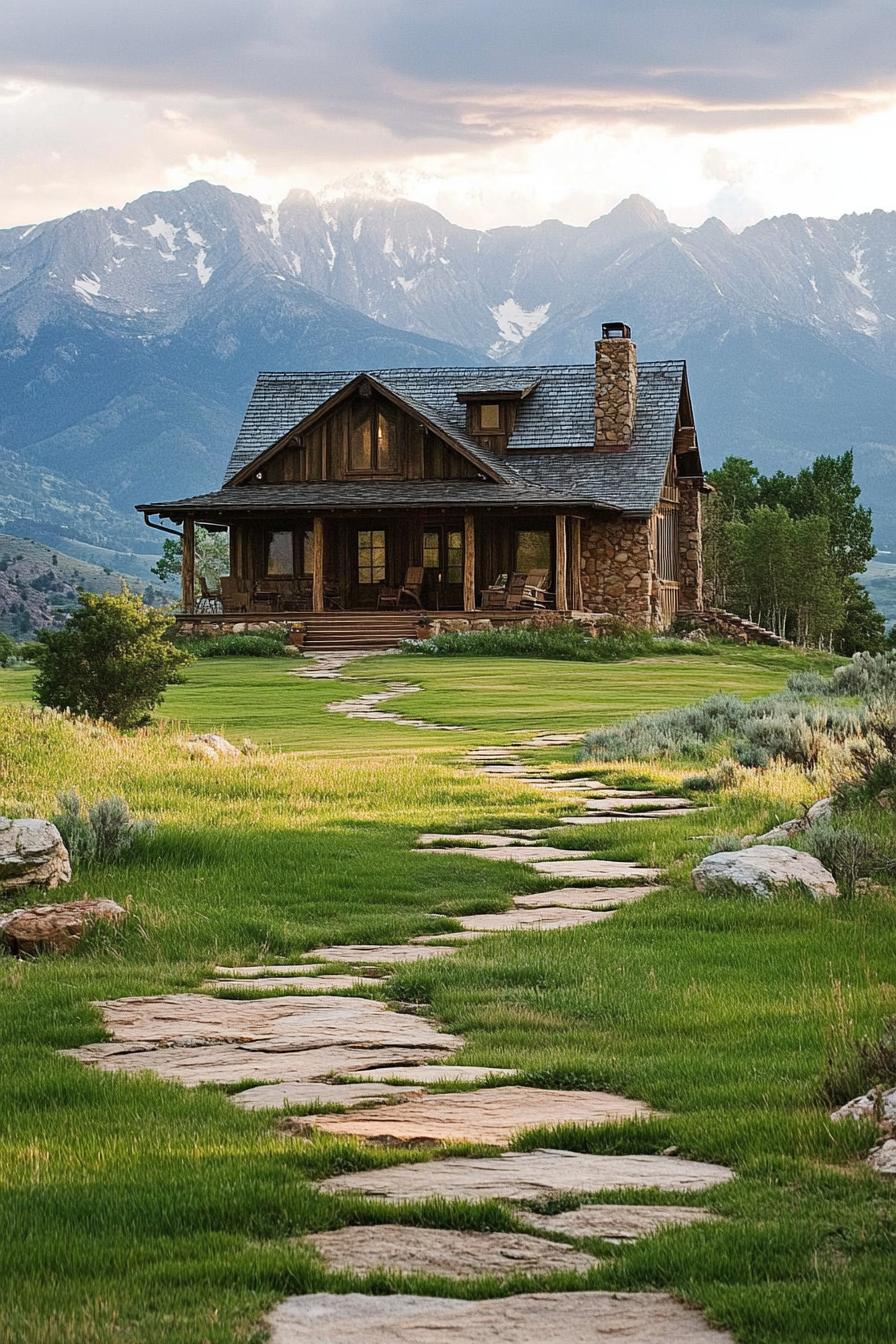 rustic two story ranch with porch stone paths grass rocky mountains in the background