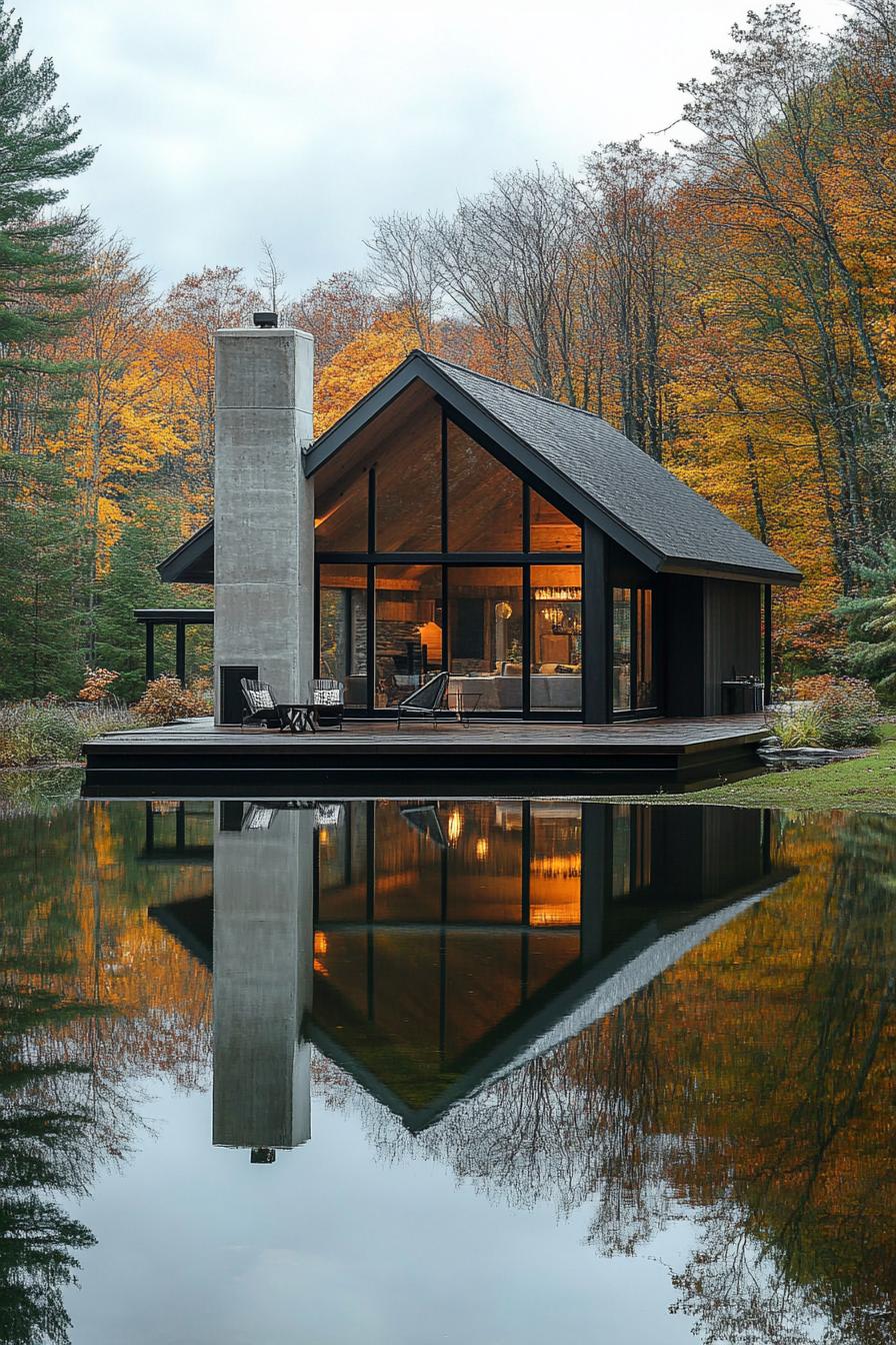 small modern cottage with chimney with deck lake in front with house reflection