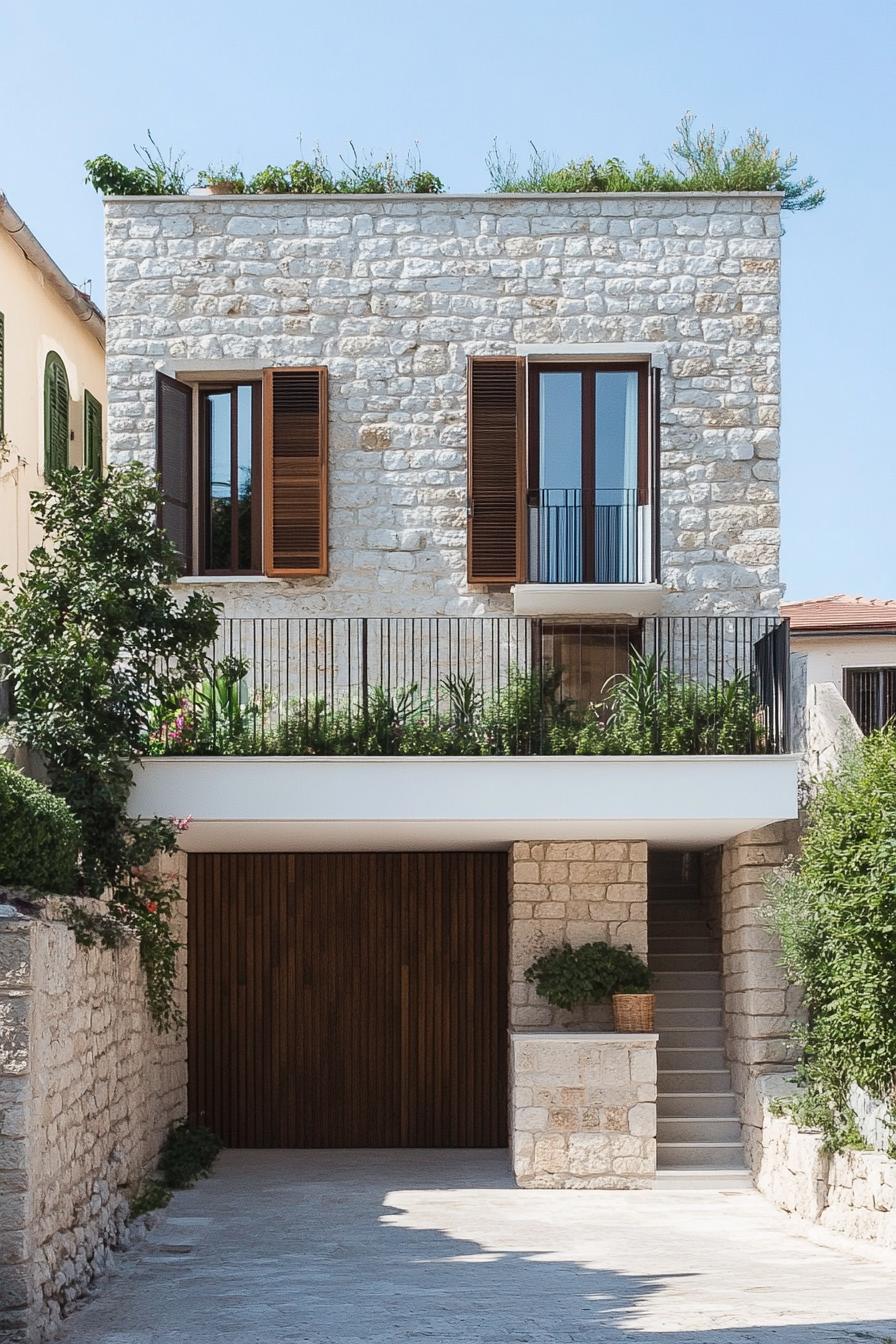 small modern mediterranean house with stone accents Italian shore town 1