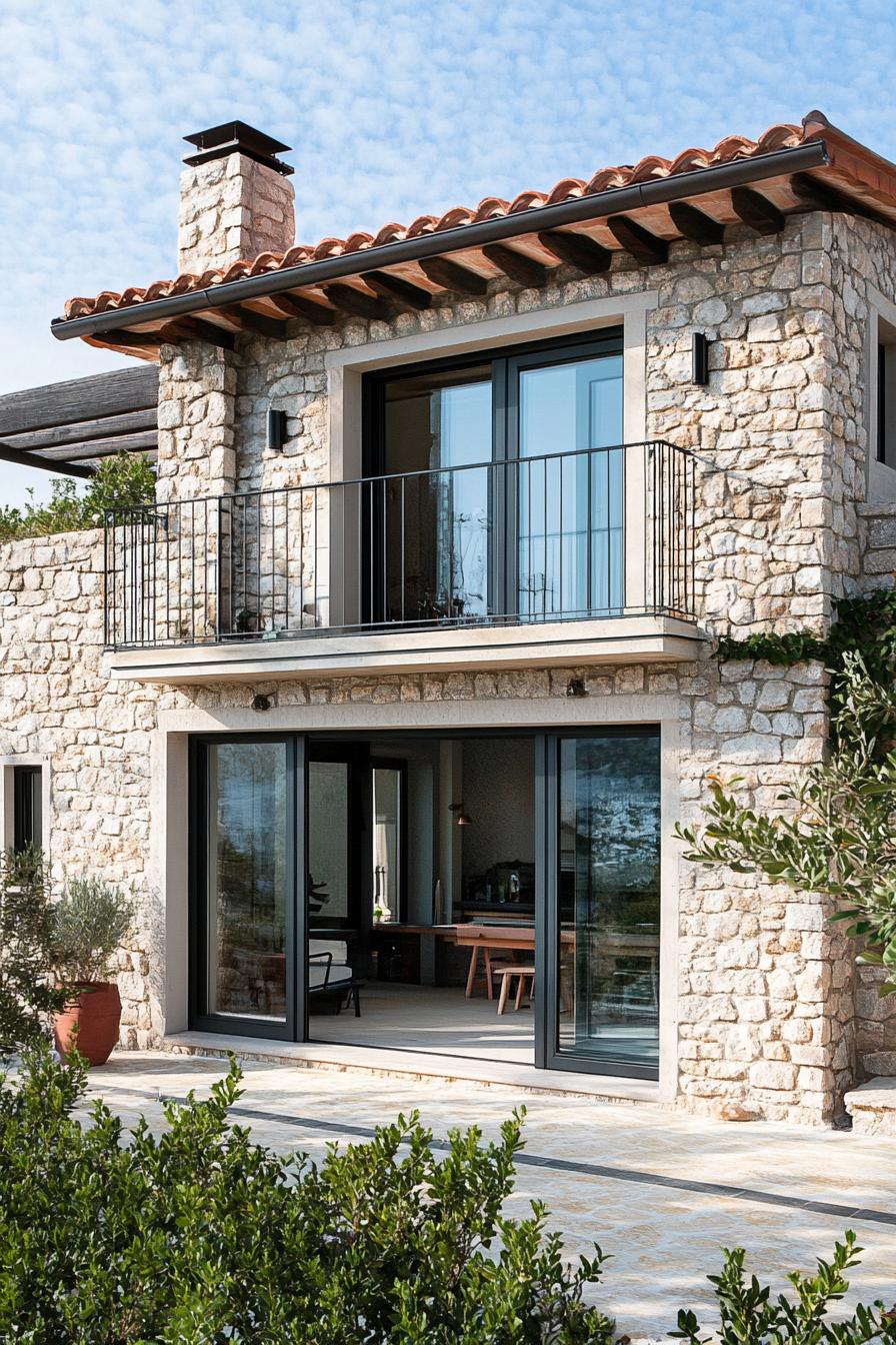 small modern mediterranean house with stone accents Italian shore town 2