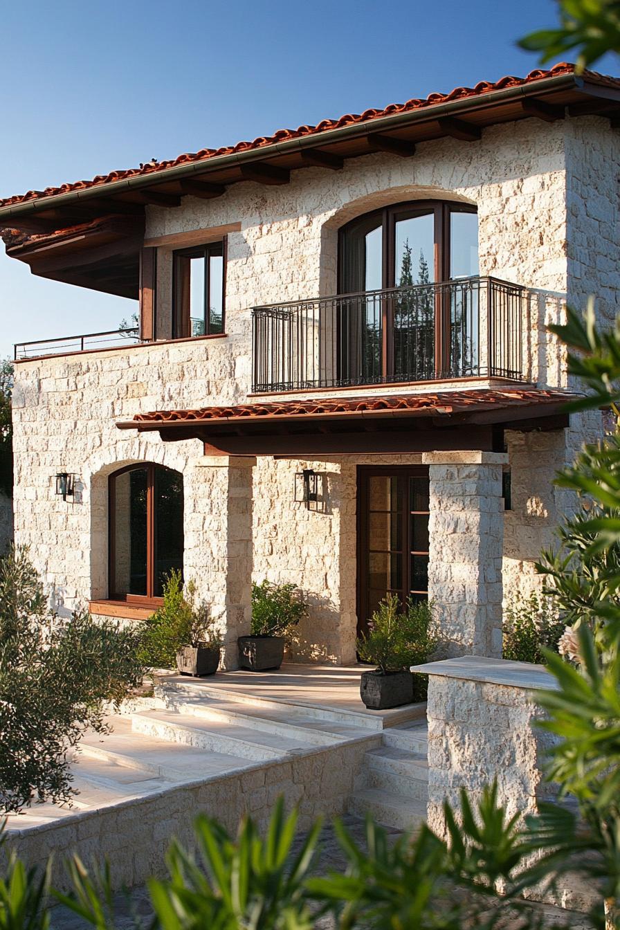 small modern mediterranean house with stone accents Italian shore town