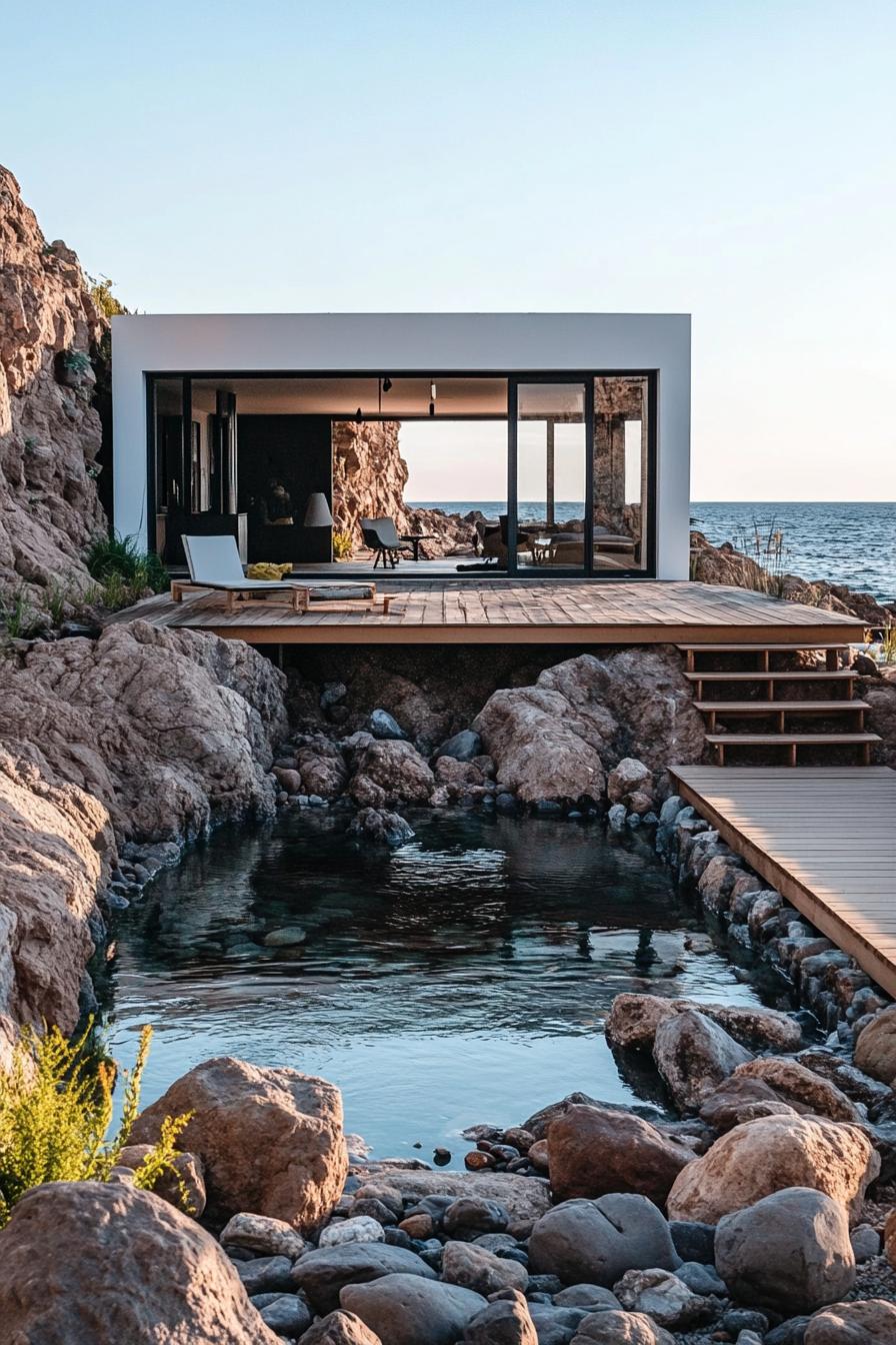 tiny modern single story house on a rocky beachfront with natural pool in the seawater fenced off with rocks a small wooden deck leads from the house 1