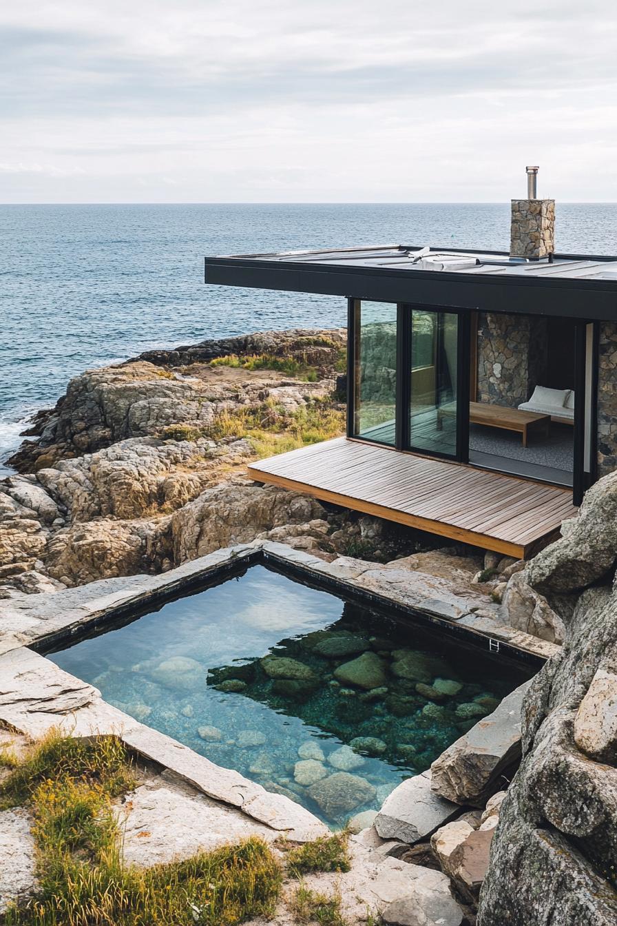 tiny modern single story house on a rocky beachfront with natural pool in the seawater fenced off with rocks a small wooden deck leads from the house