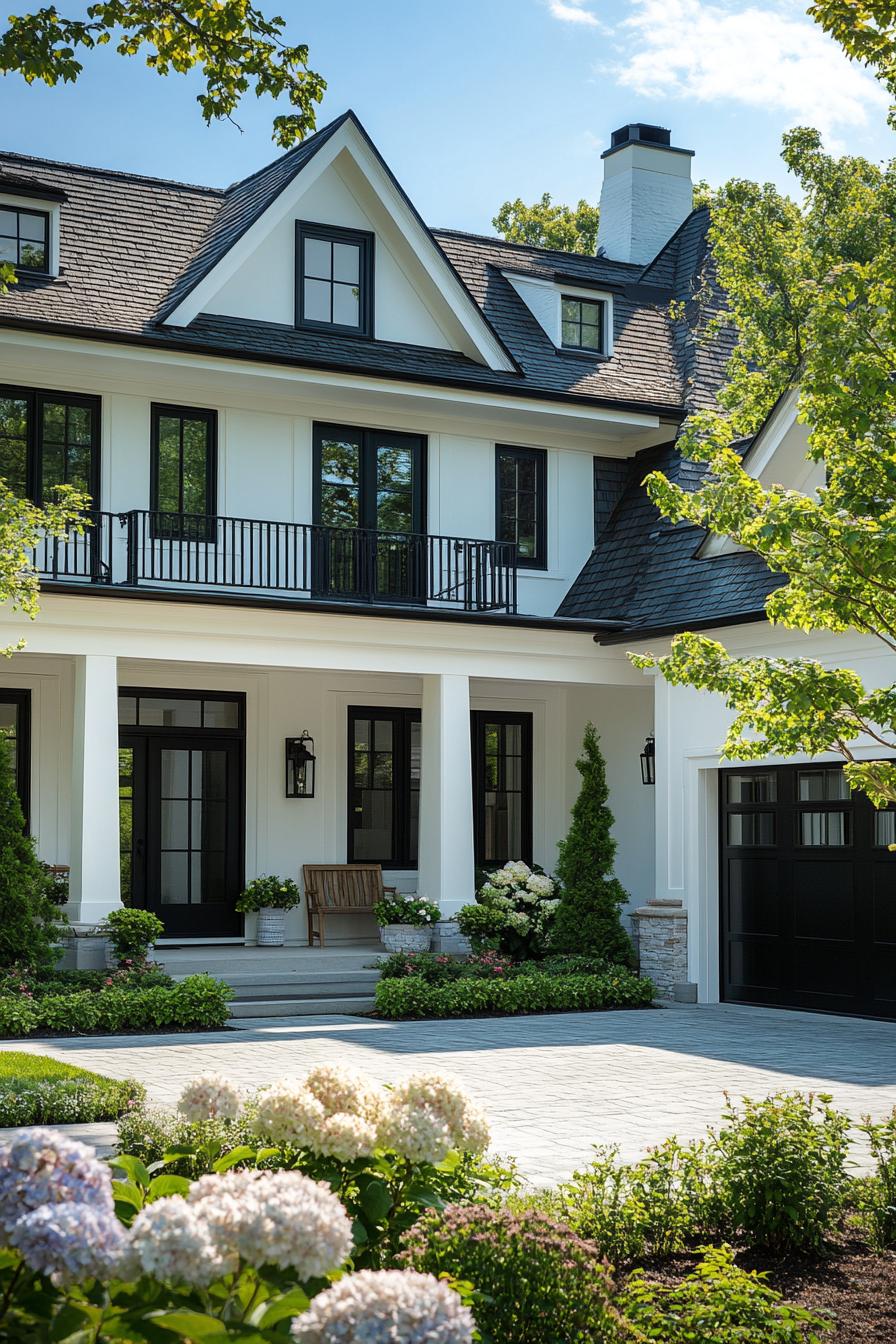 traditional cottage white stucco walls black shingle roof entry columns and steps balcony garage paved driveway mulch gerden hydrangeas young