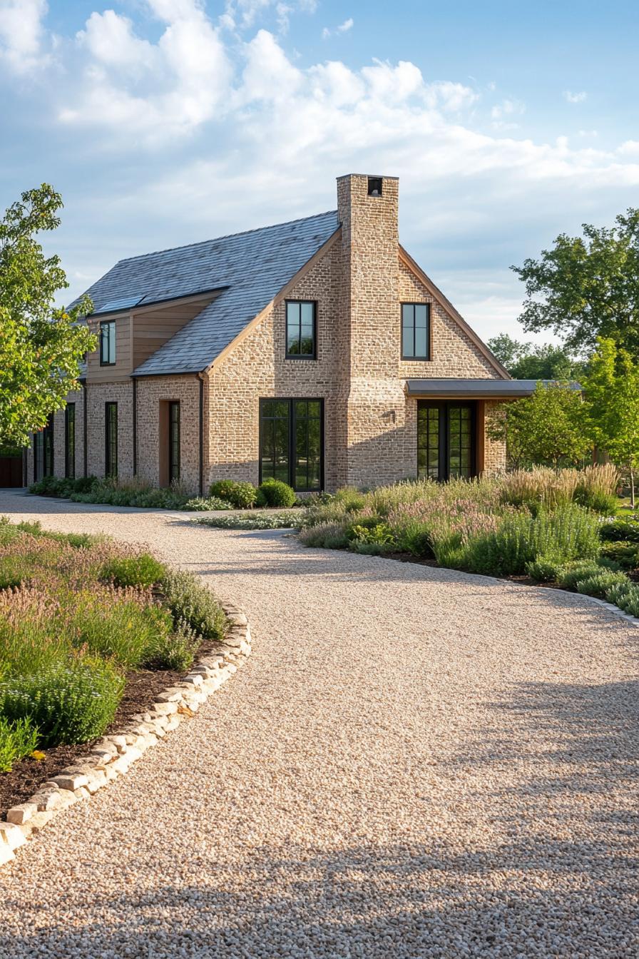 traditional natural brick house with gravel driveway and landscape with shrubs 1