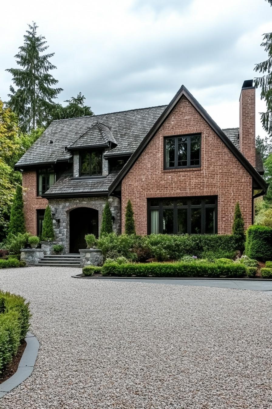 traditional natural brick house with gravel driveway and landscape with shrubs 2