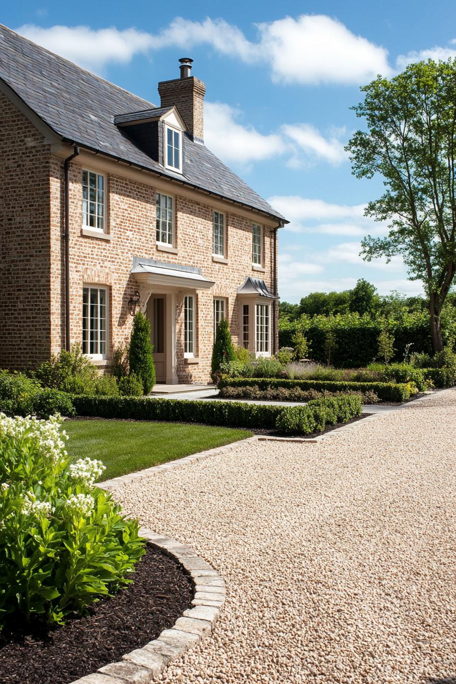 traditional natural brick house with gravel driveway and landscape with shrubs 3