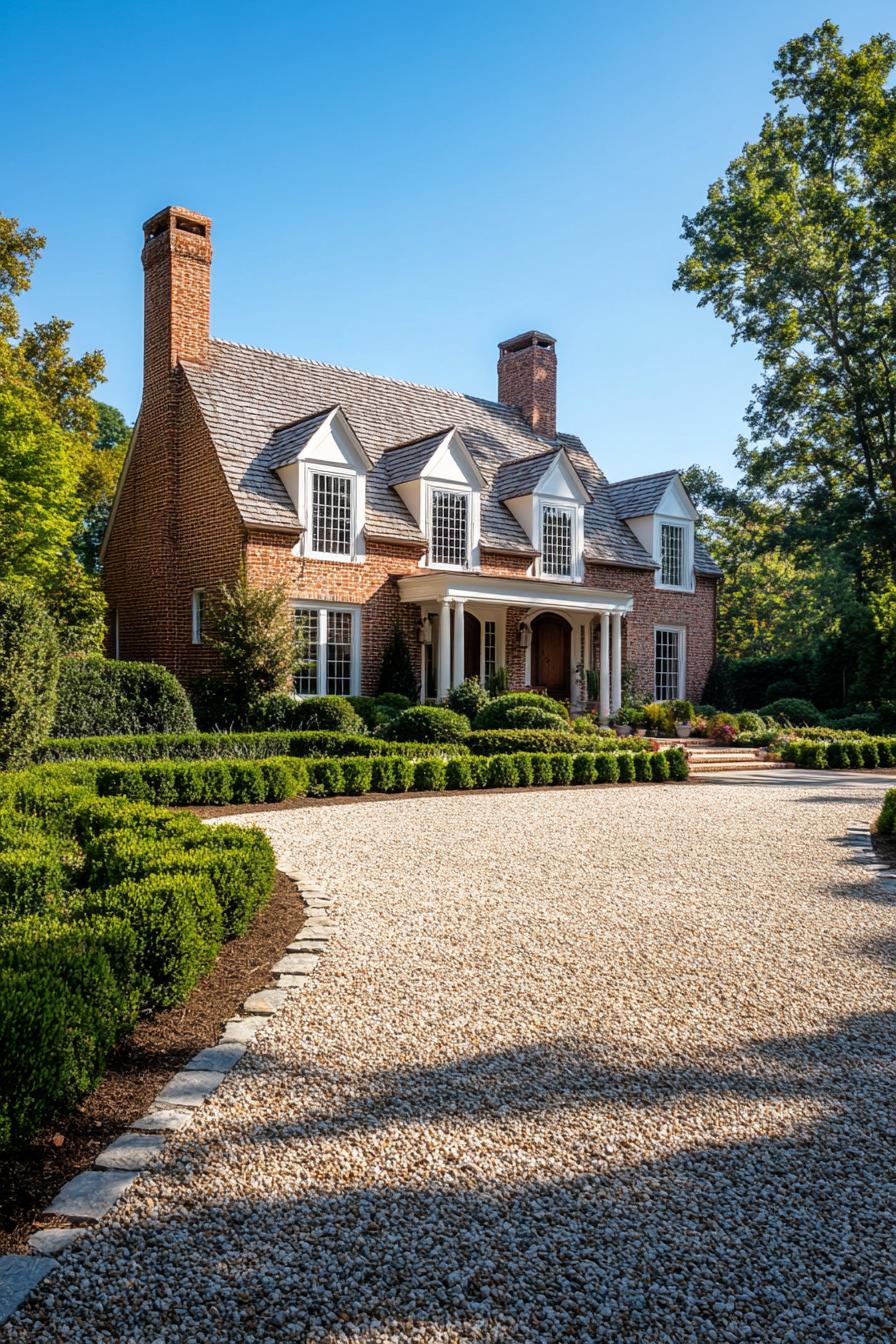 traditional natural brick house with gravel driveway and landscape with shrubs