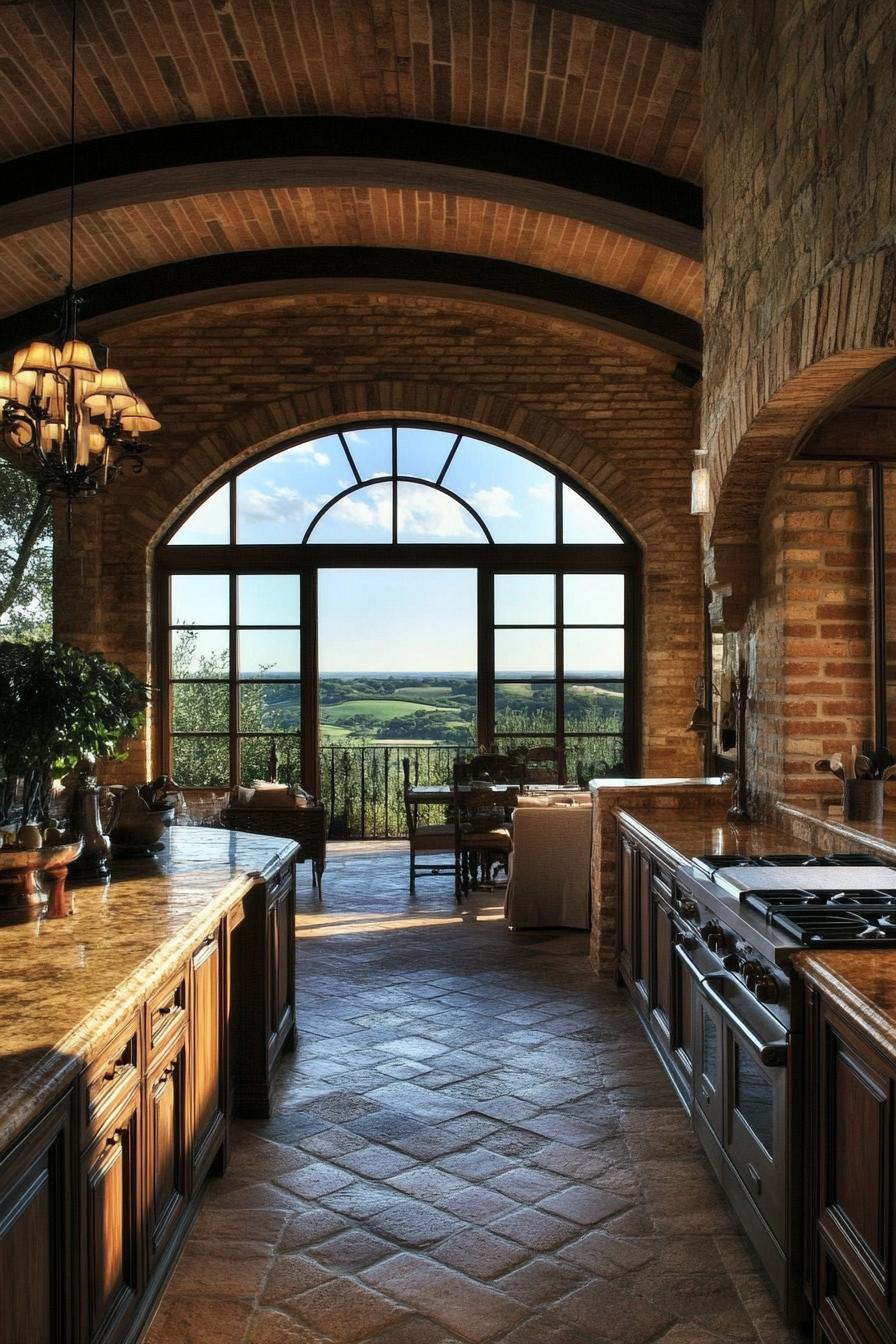 tuscan kitchen with stunning full wall window views 2