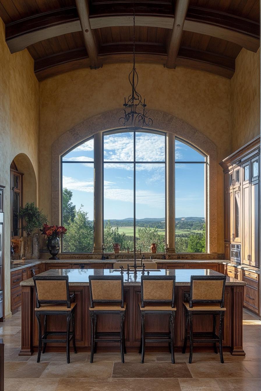 tuscan kitchen with stunning full wall window views 3