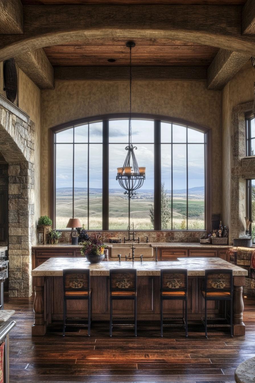 tuscan kitchen with stunning full wall window views