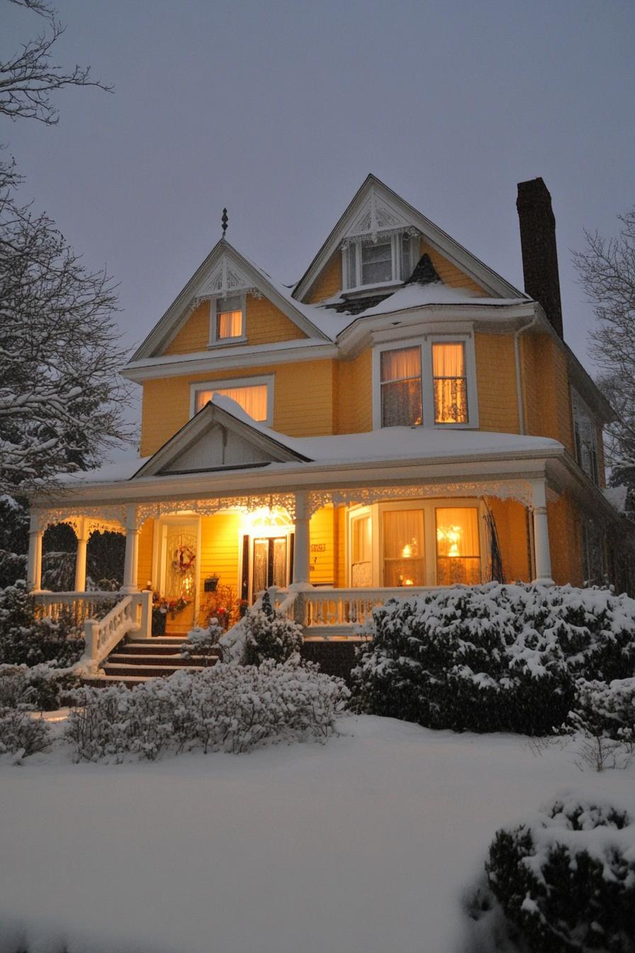 Edwardian style cottage house on winter night yellow siding white trim snow on the multi pitch roof with dormers wraparound porch with columns 1