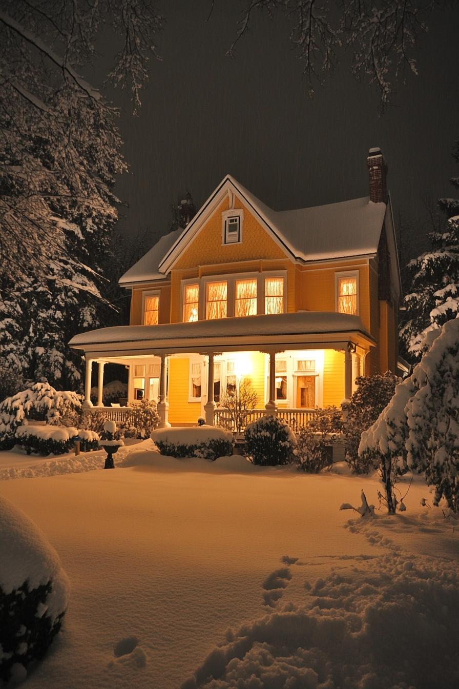 Edwardian style cottage house on winter night yellow siding white trim snow on the multi pitch roof with dormers wraparound porch with columns 2