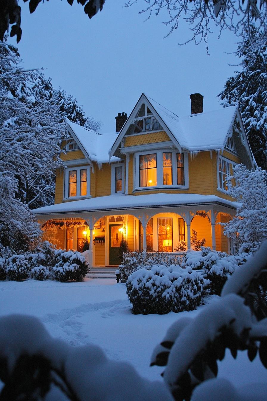 Edwardian style cottage house on winter night yellow siding white trim snow on the multi pitch roof with dormers wraparound porch with columns 3