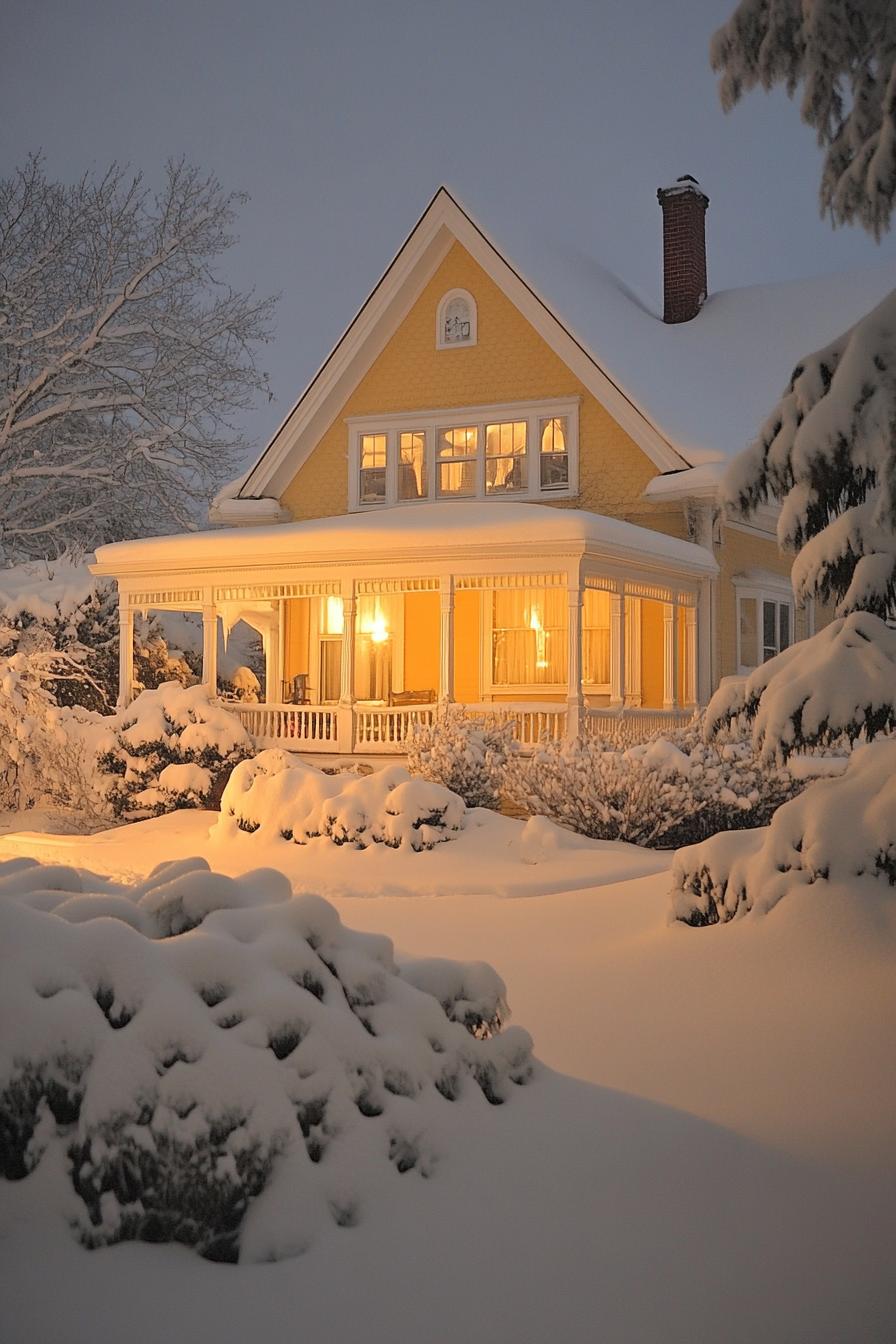 Edwardian style cottage house on winter night yellow siding white trim snow on the multi pitch roof with dormers wraparound porch with columns