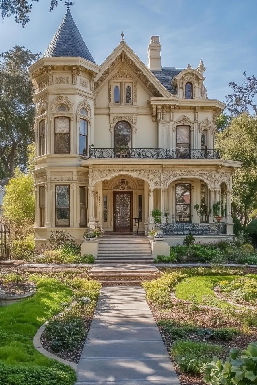 Victorian mansion symmetrical facade with turrets many arched windows creamy stucco front iron balcony 1