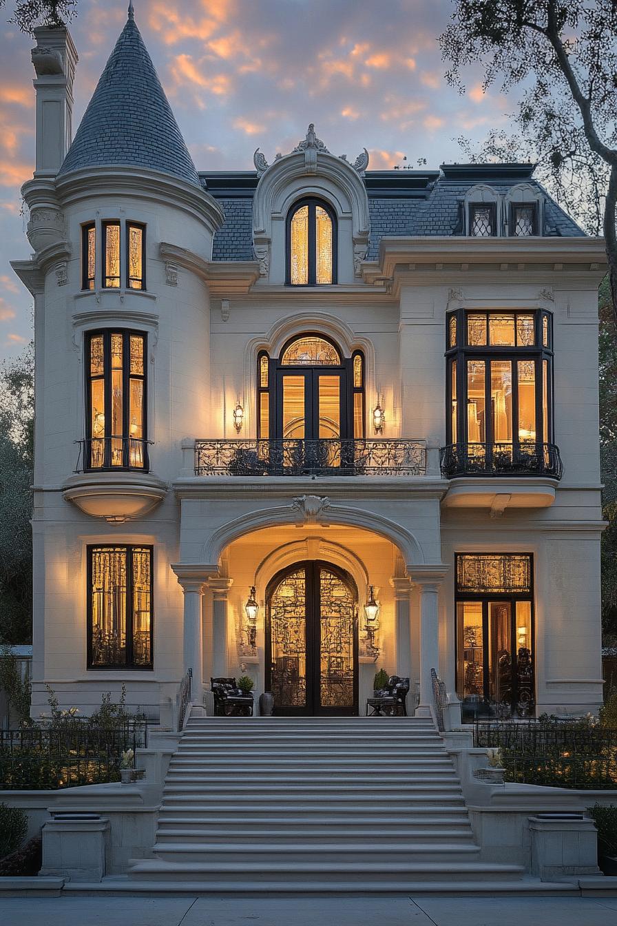 Victorian mansion symmetrical facade with turrets many arched windows creamy stucco front iron balcony 2