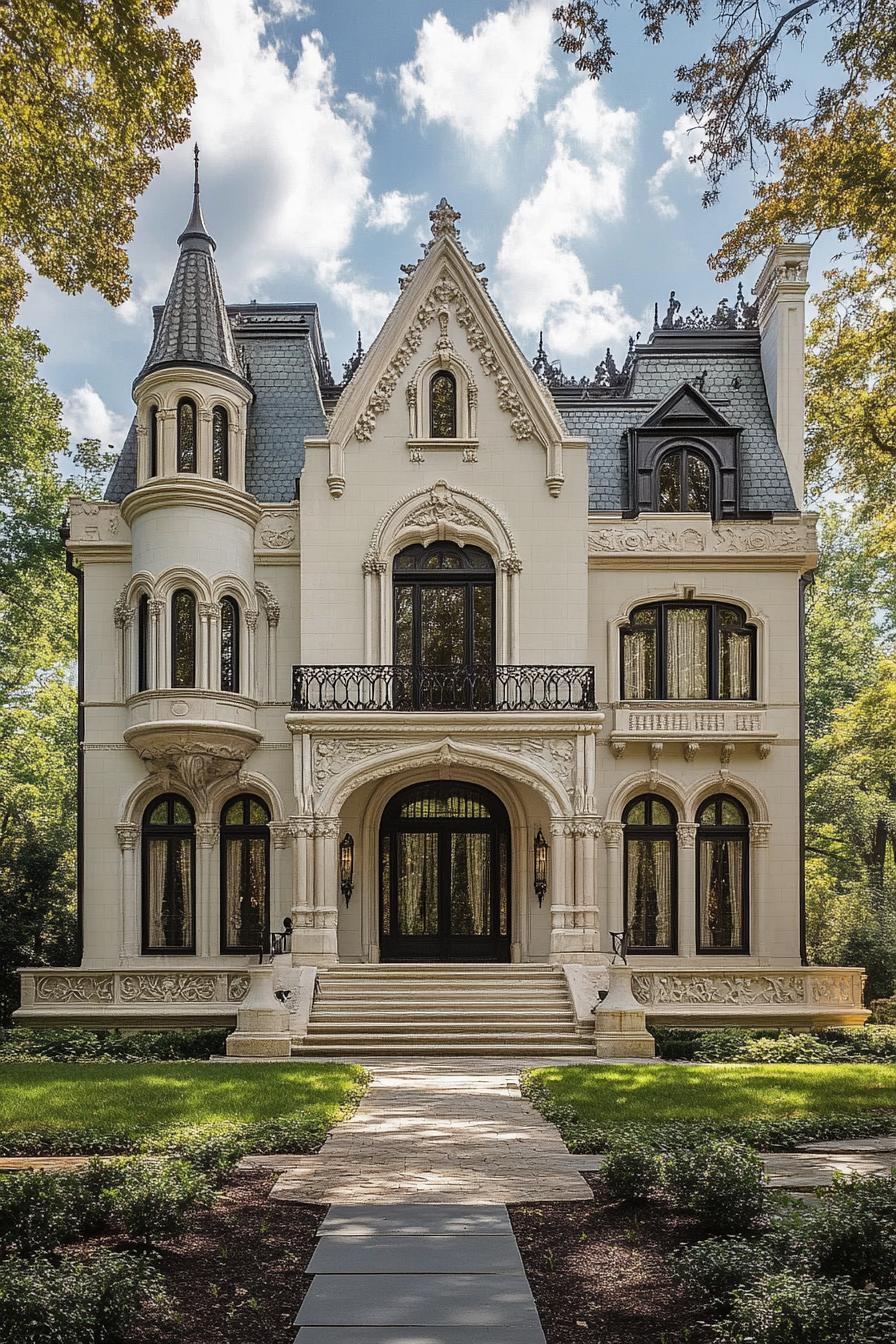 Victorian mansion symmetrical facade with turrets many arched windows creamy stucco front iron balcony