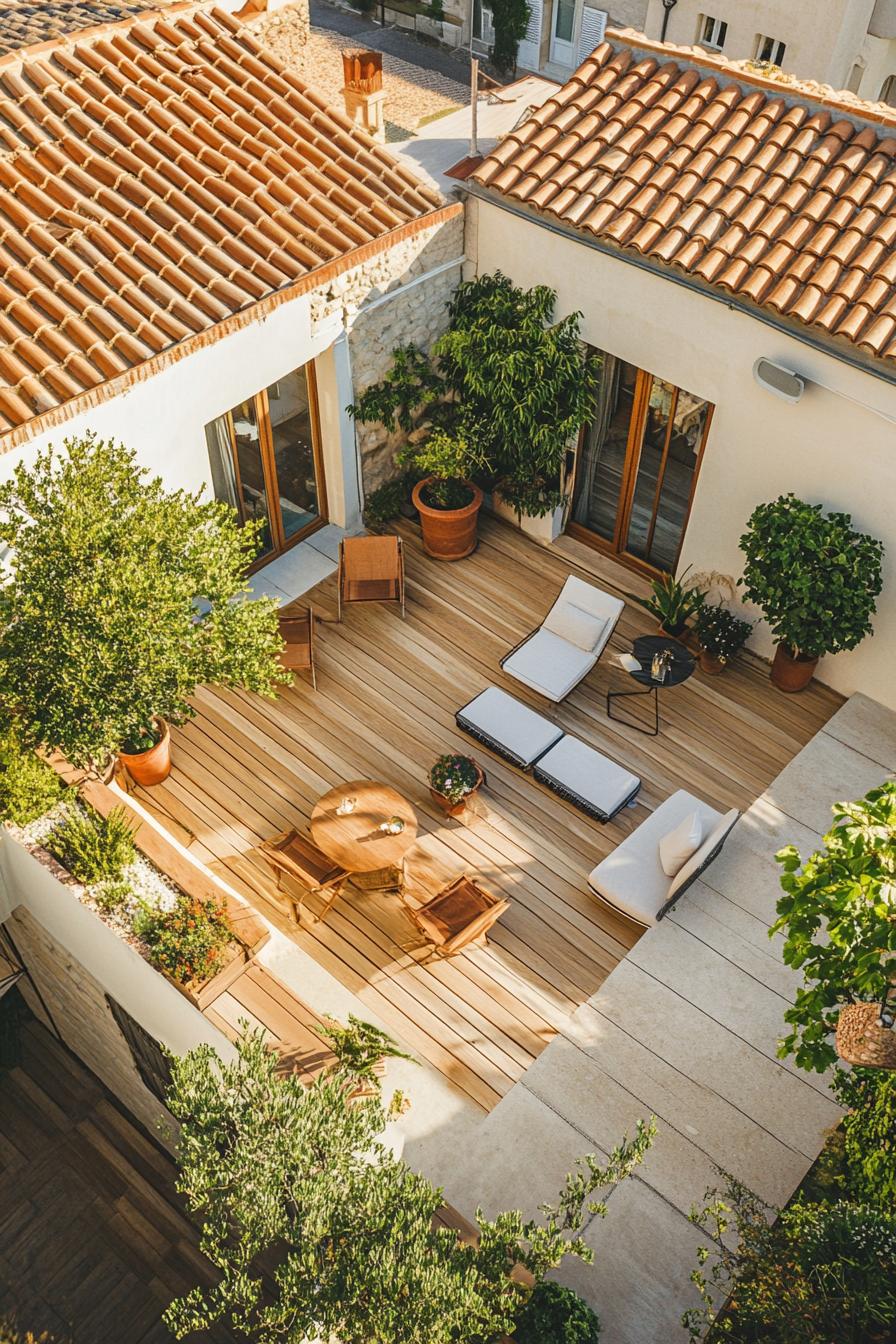 aerial view of a rooftop terrace with wooden deck potted mediterranean plants modern chic garden furniture mediterranean hilly village landscape 1