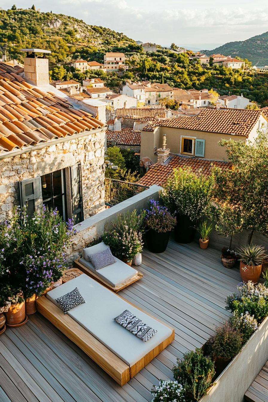 aerial view of a rooftop terrace with wooden deck potted mediterranean plants modern chic garden furniture mediterranean hilly village landscape 2