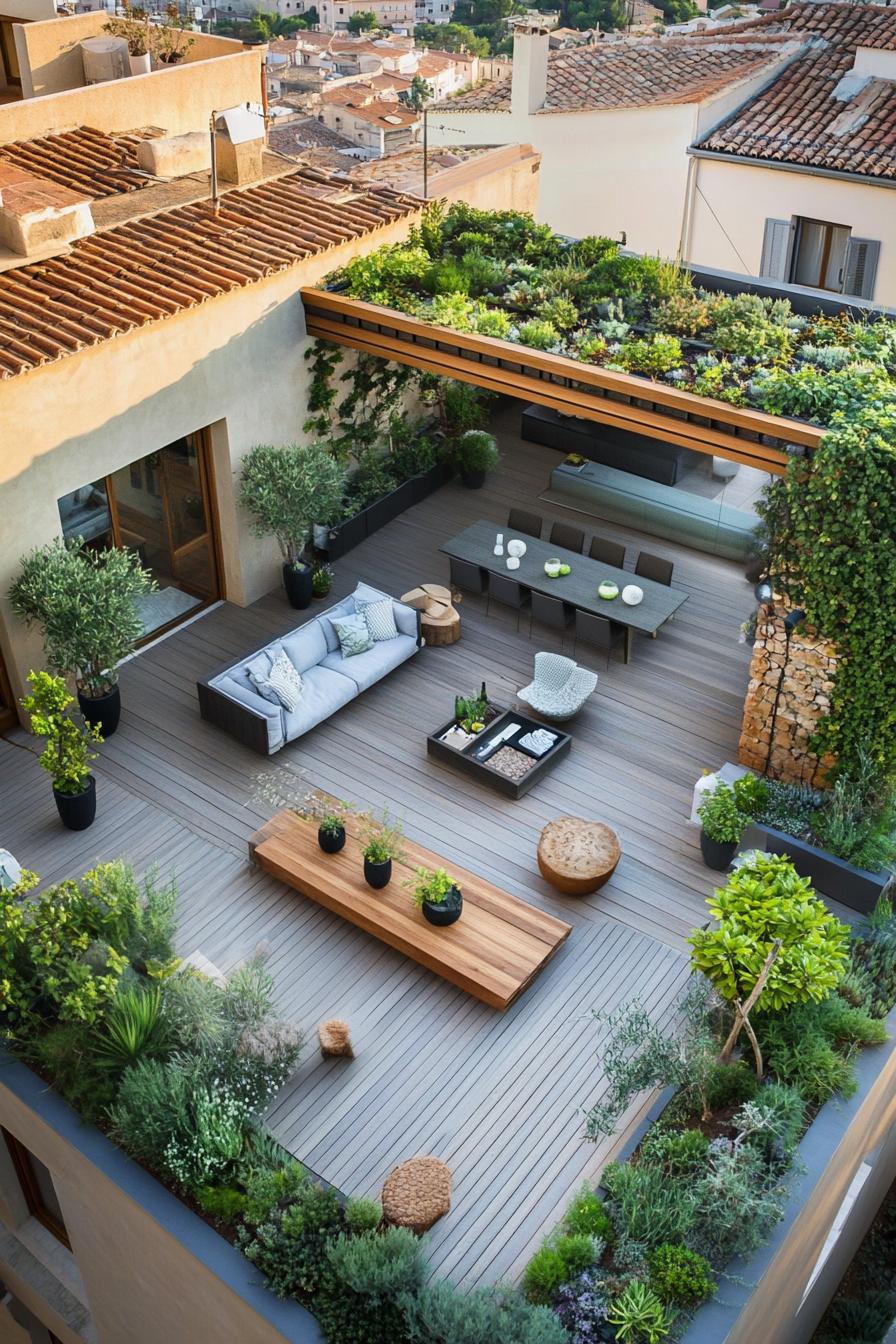 aerial view of a rooftop terrace with wooden deck potted mediterranean plants modern chic garden furniture mediterranean hilly village landscape 3