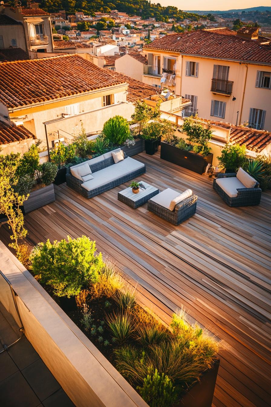 aerial view of a rooftop terrace with wooden deck potted mediterranean plants modern chic garden furniture mediterranean hilly village landscape