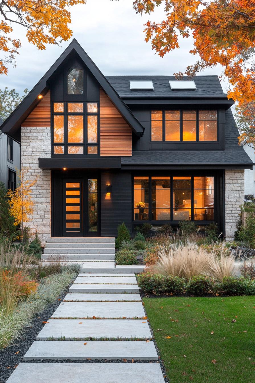 contemporary house cottage exterior with multi pitch roof distinct sections in different siding black vertical slats reclaimed wood horizontal 1