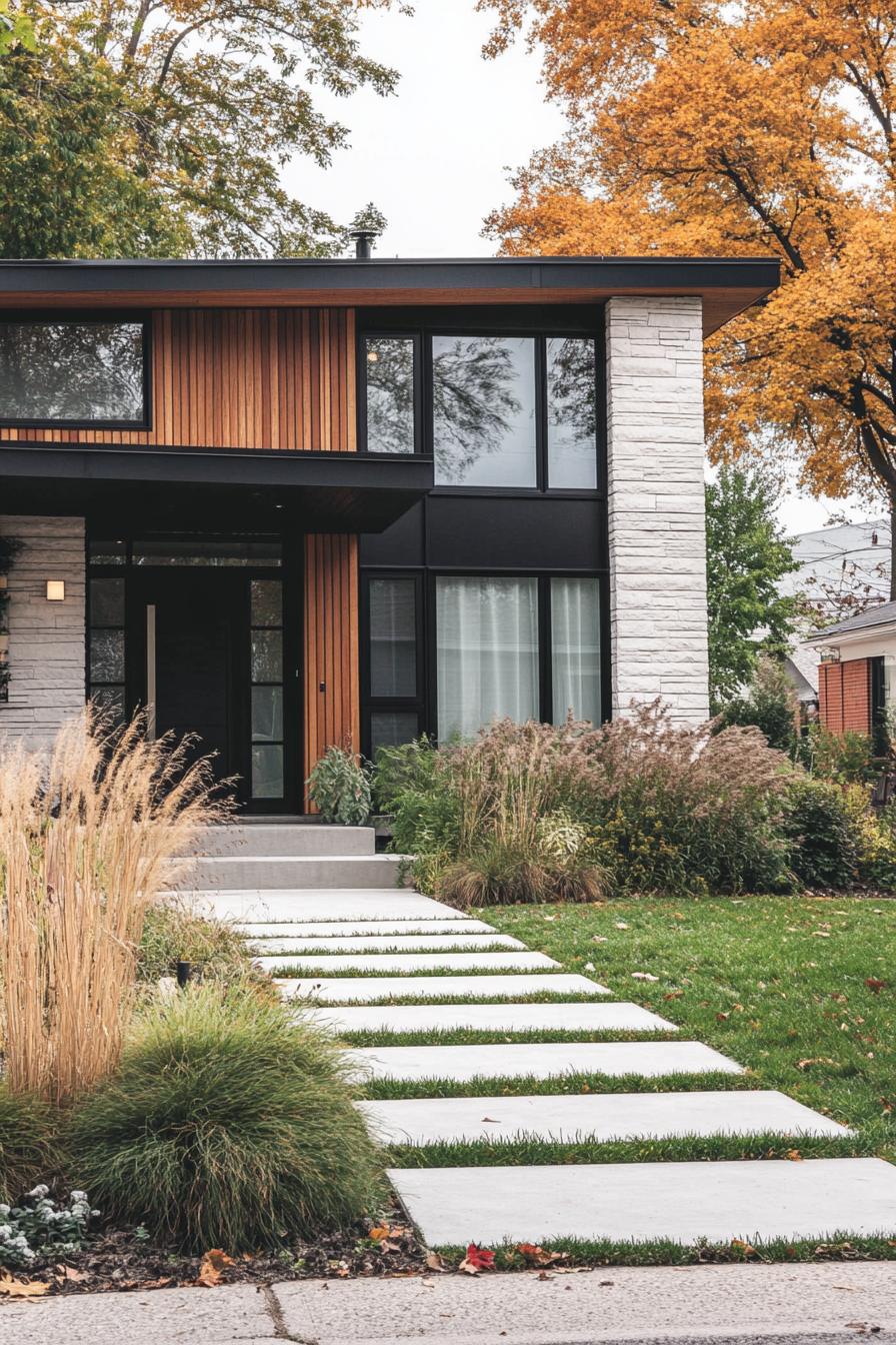 contemporary house cottage exterior with multi pitch roof distinct sections in different siding black vertical slats reclaimed wood horizontal 2