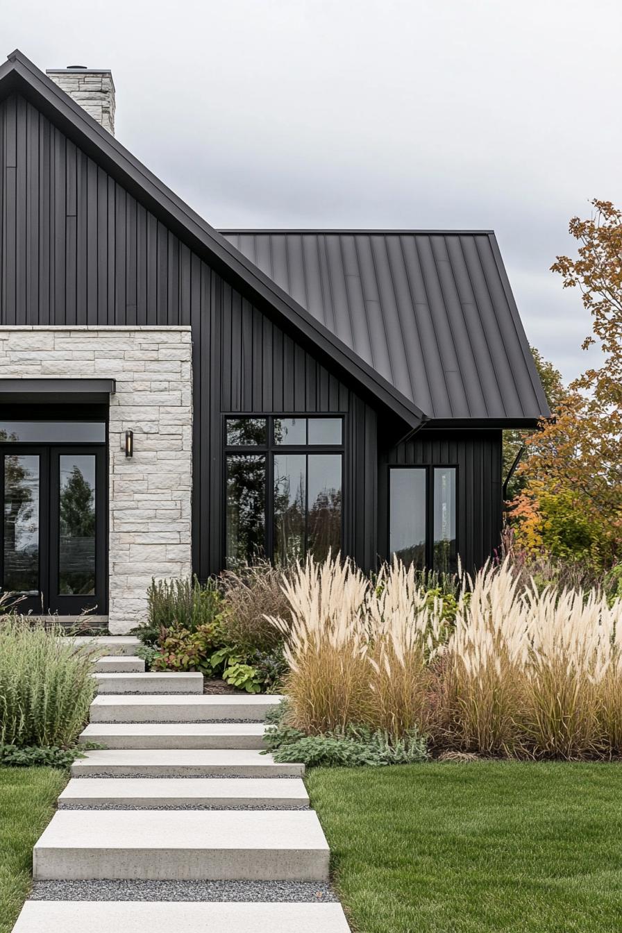 contemporary house cottage exterior with multi pitch roof distinct sections in different siding black vertical slats reclaimed wood horizontal 3