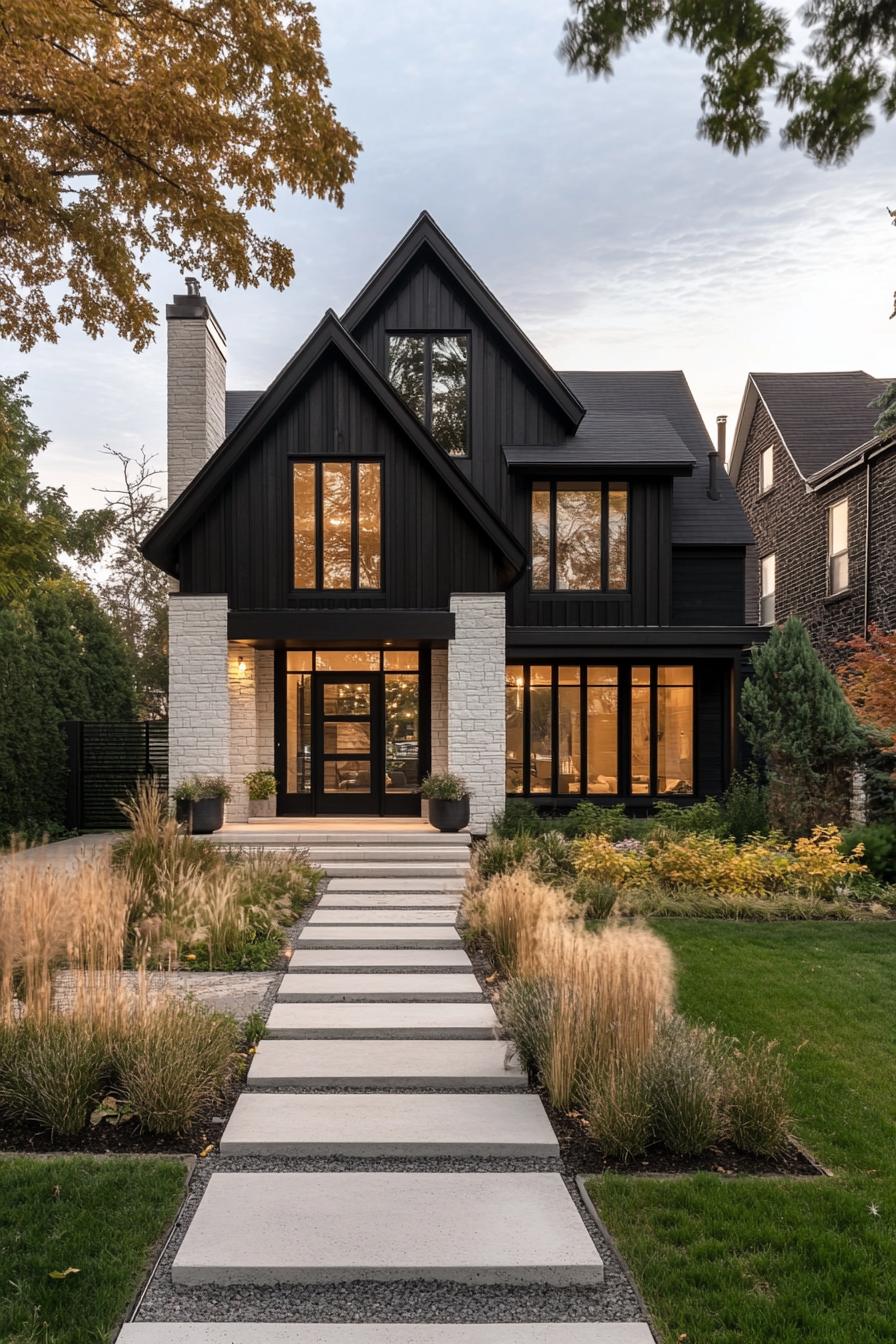 contemporary house cottage exterior with multi pitch roof distinct sections in different siding black vertical slats reclaimed wood horizontal