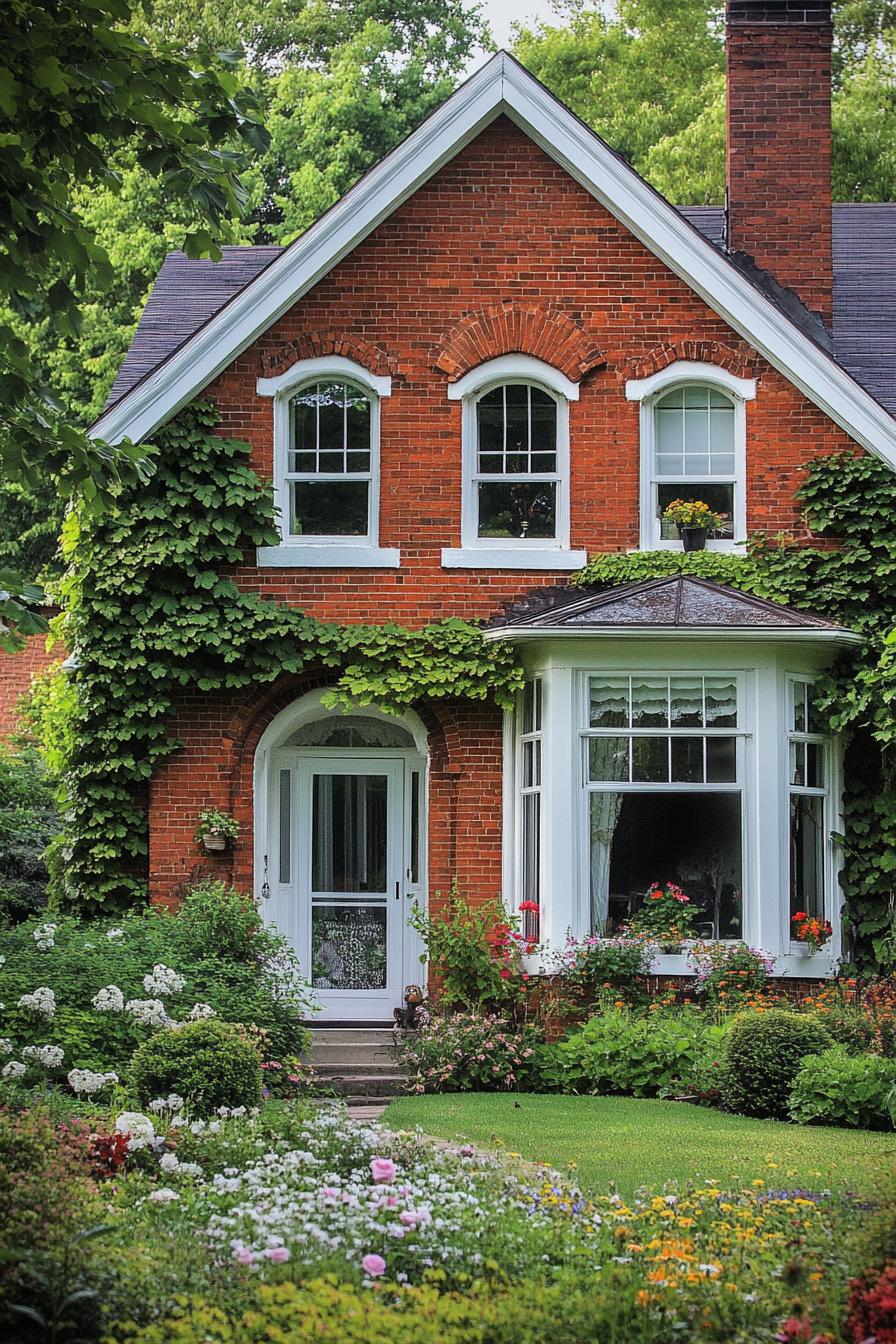 countryside English brick manor house with white windows bay windows vine on facade front yard with native flower garden 1