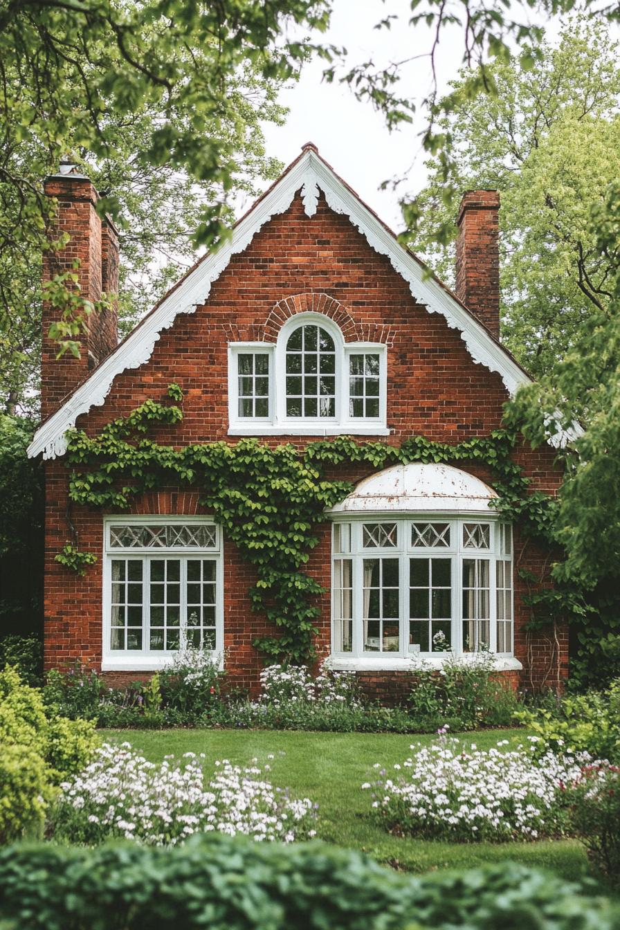 countryside English brick manor house with white windows bay windows vine on facade front yard with native flower garden 2