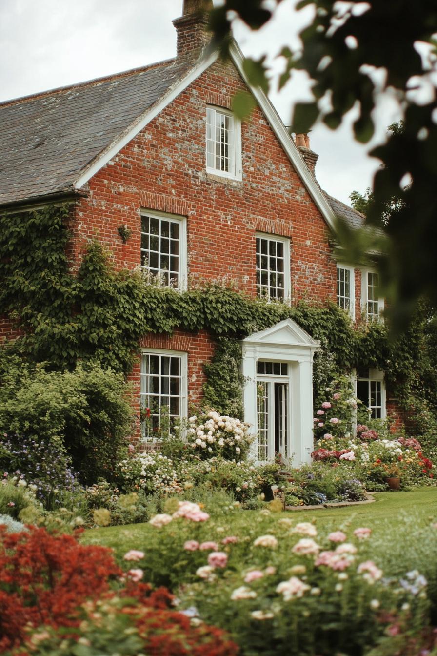 countryside English brick manor house with white windows bay windows vine on facade front yard with native flower garden 3