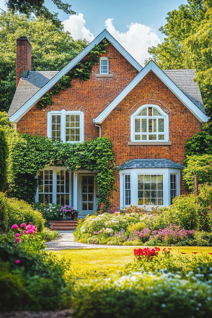 countryside English brick manor house with white windows bay windows vine on facade front yard with native flower garden