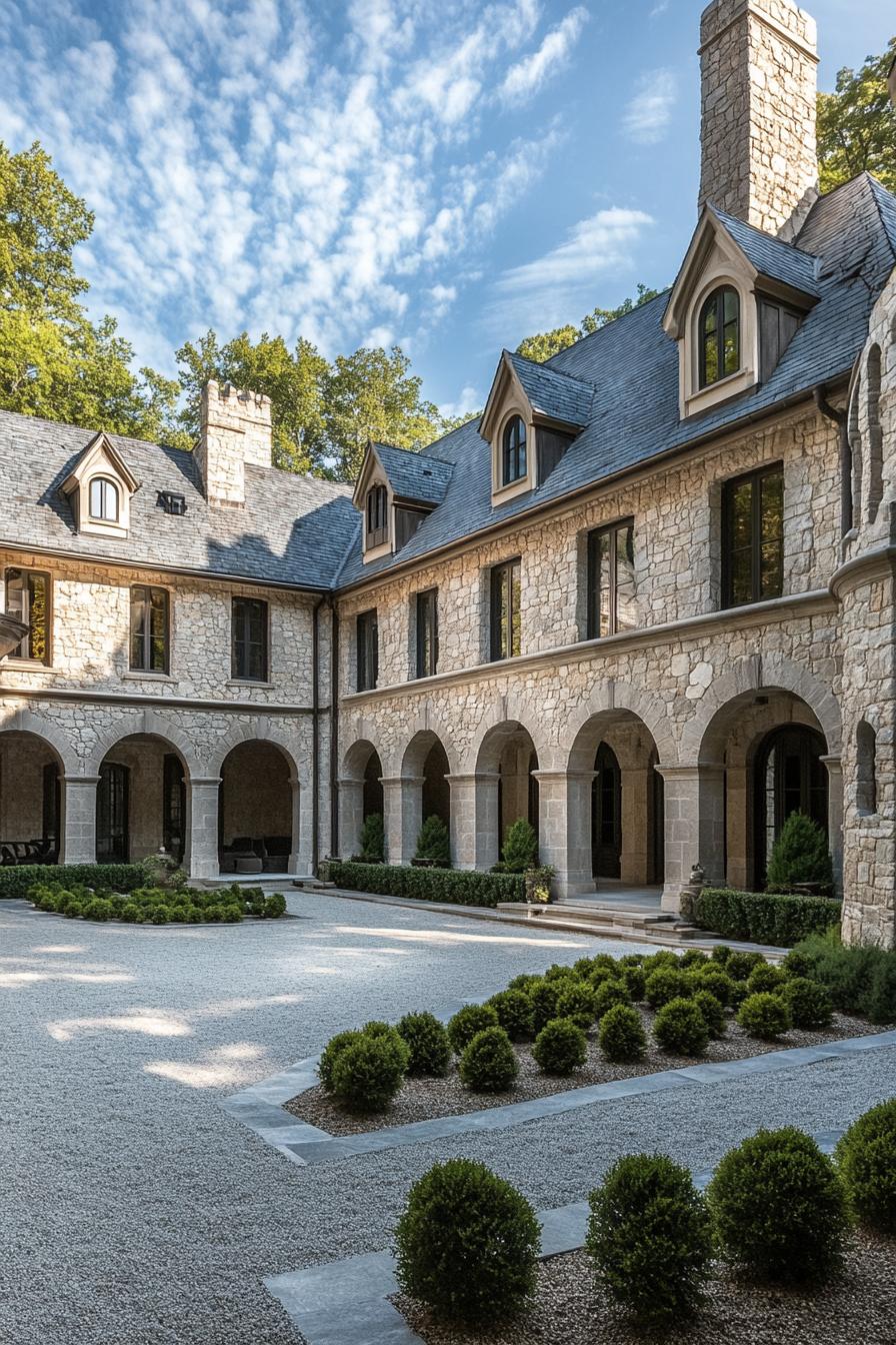 Elegant stone manor with arched facade and lush bushes