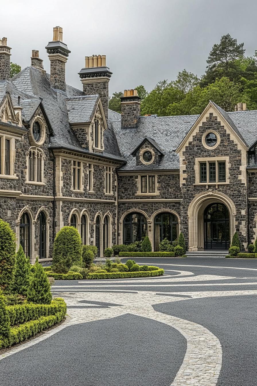 Elegant stone mansion with multiple chimneys and arched windows