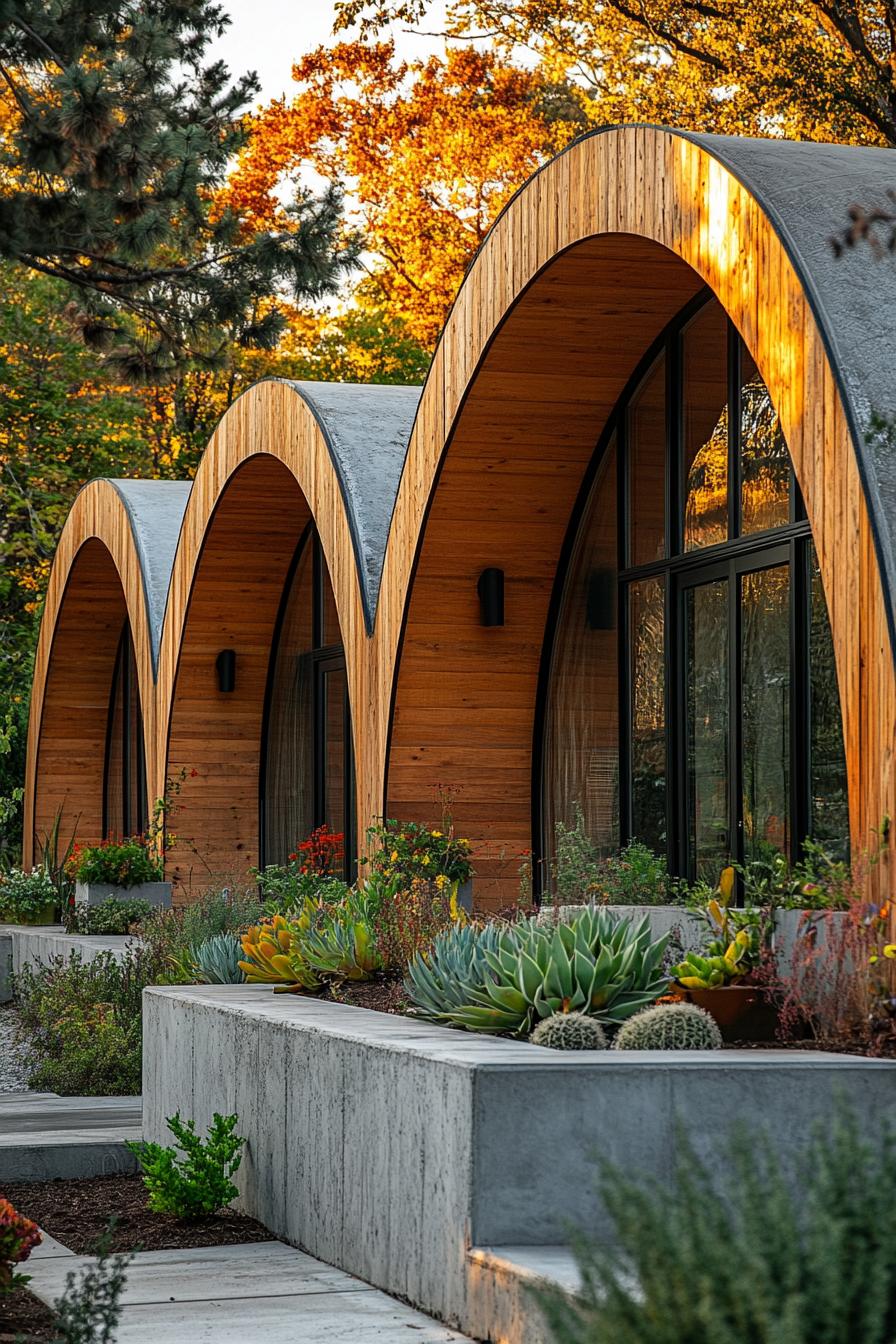 Arched wooden exterior with glass windows and lush plants