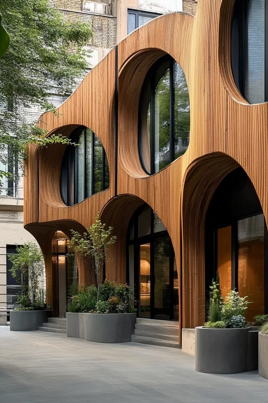 Contour of curved wood facade with arched windows