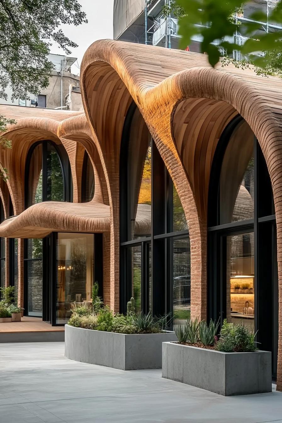 Curved wooden facade with large windows