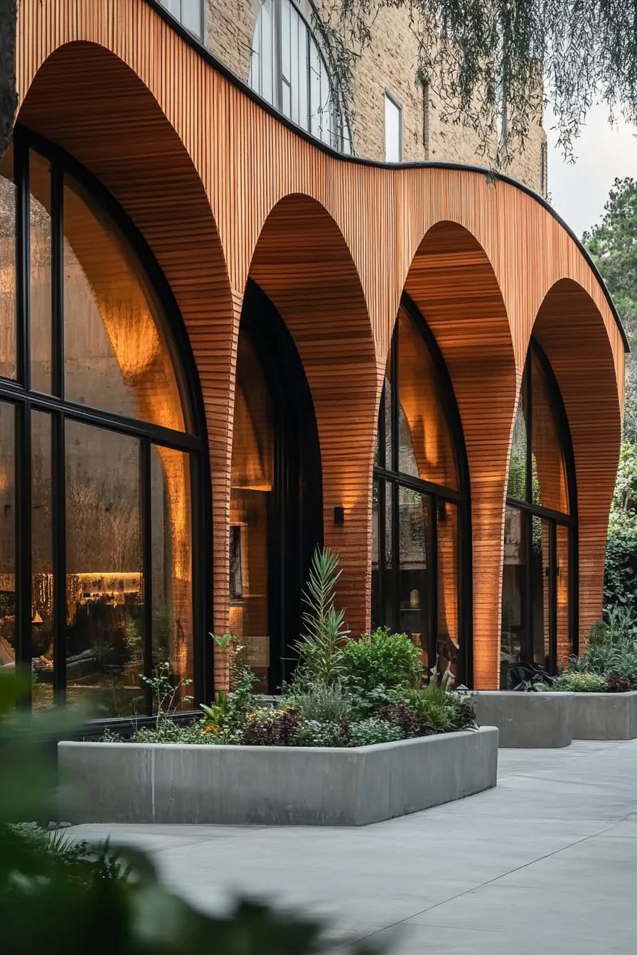 Stylish wooden arches adorn a modern building