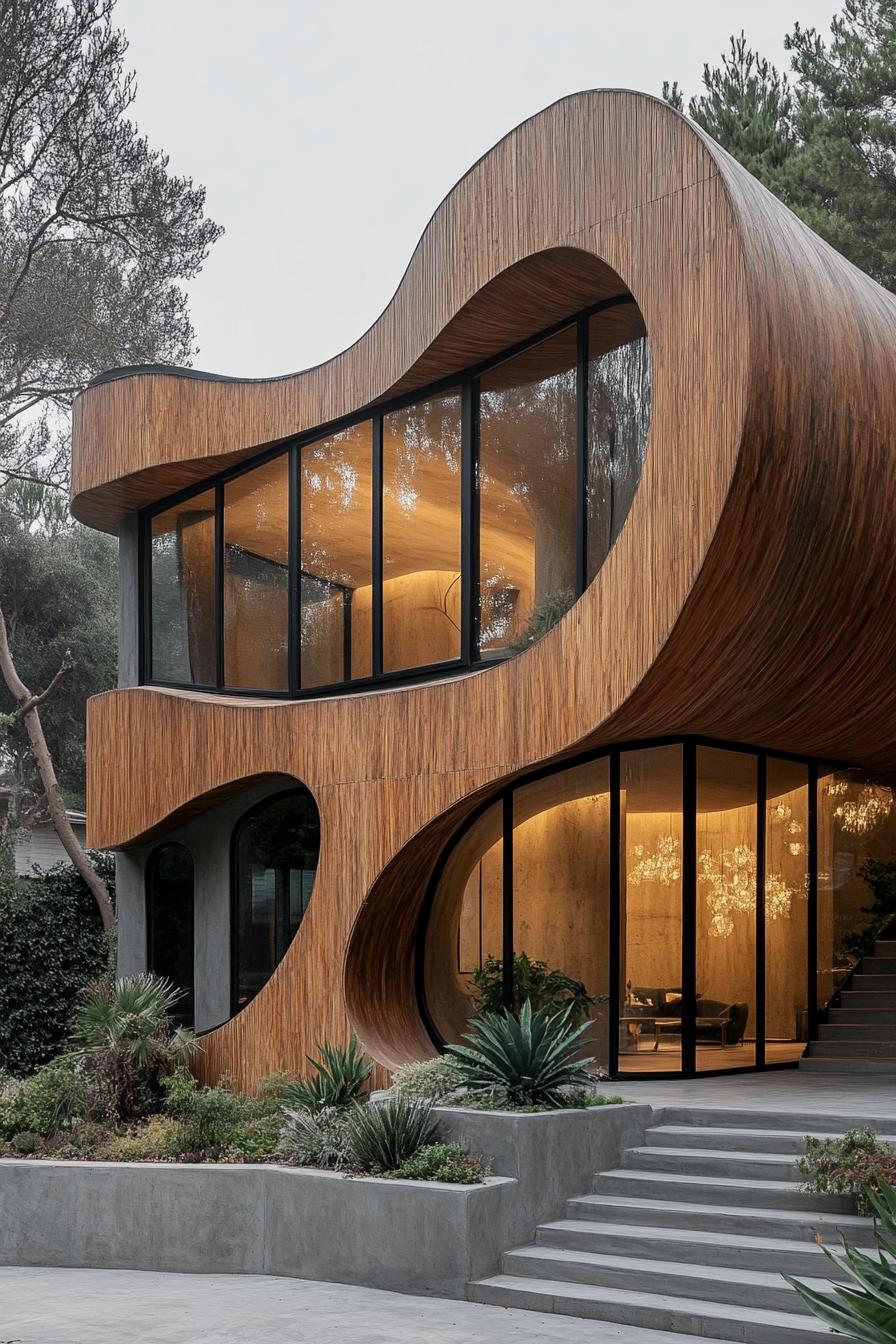 Elegant curves of a wooden house facade