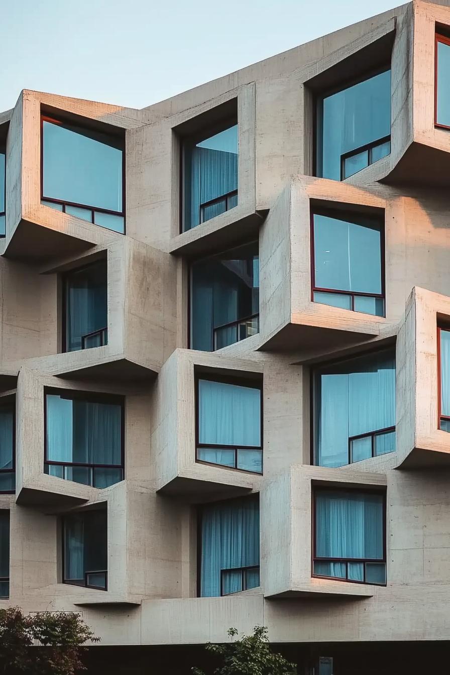 facade of a modern condo building with geometric bay windows 1