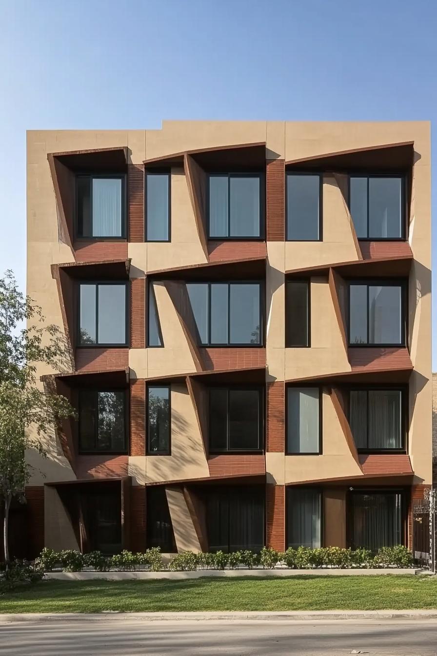 facade of a modern condo building with geometric bay windows